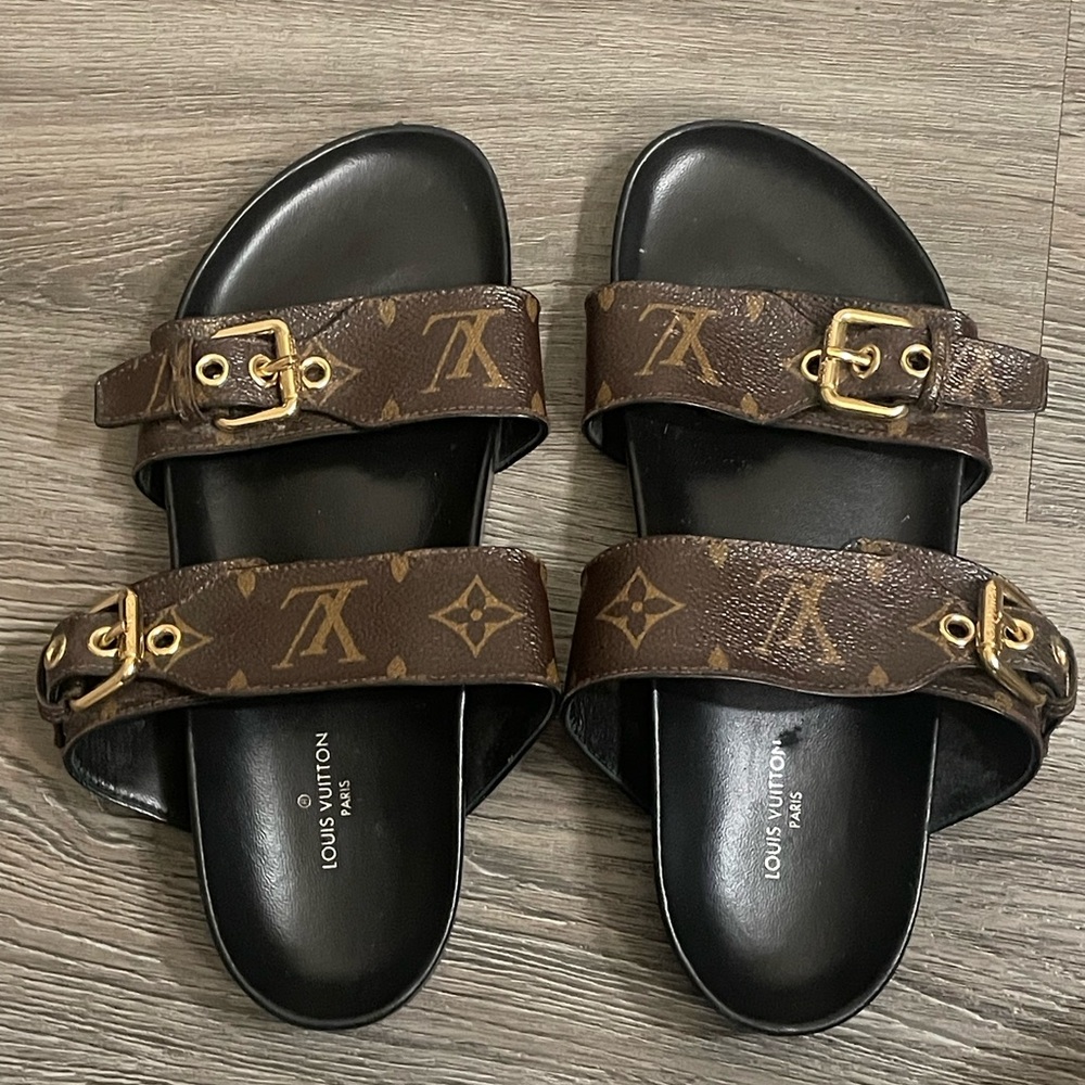 Louis Vuitton Brown and Black Monogram Slides with Gold Accents
